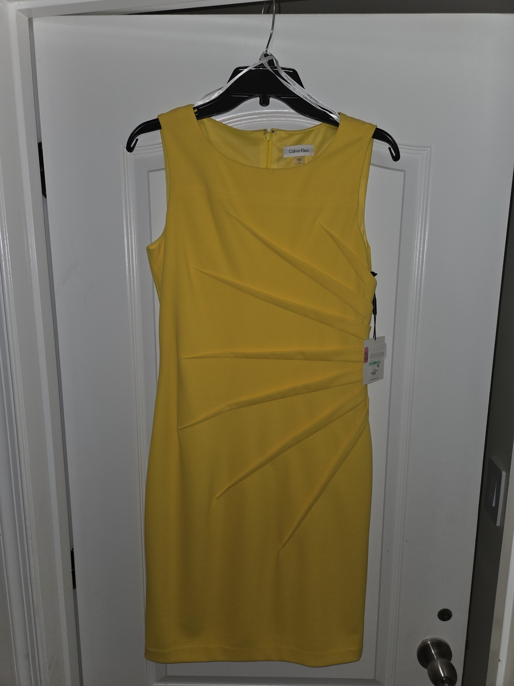 Calvin Klein Yellow Sleeveless Midi Sheath Dress with Sculpted Pleats